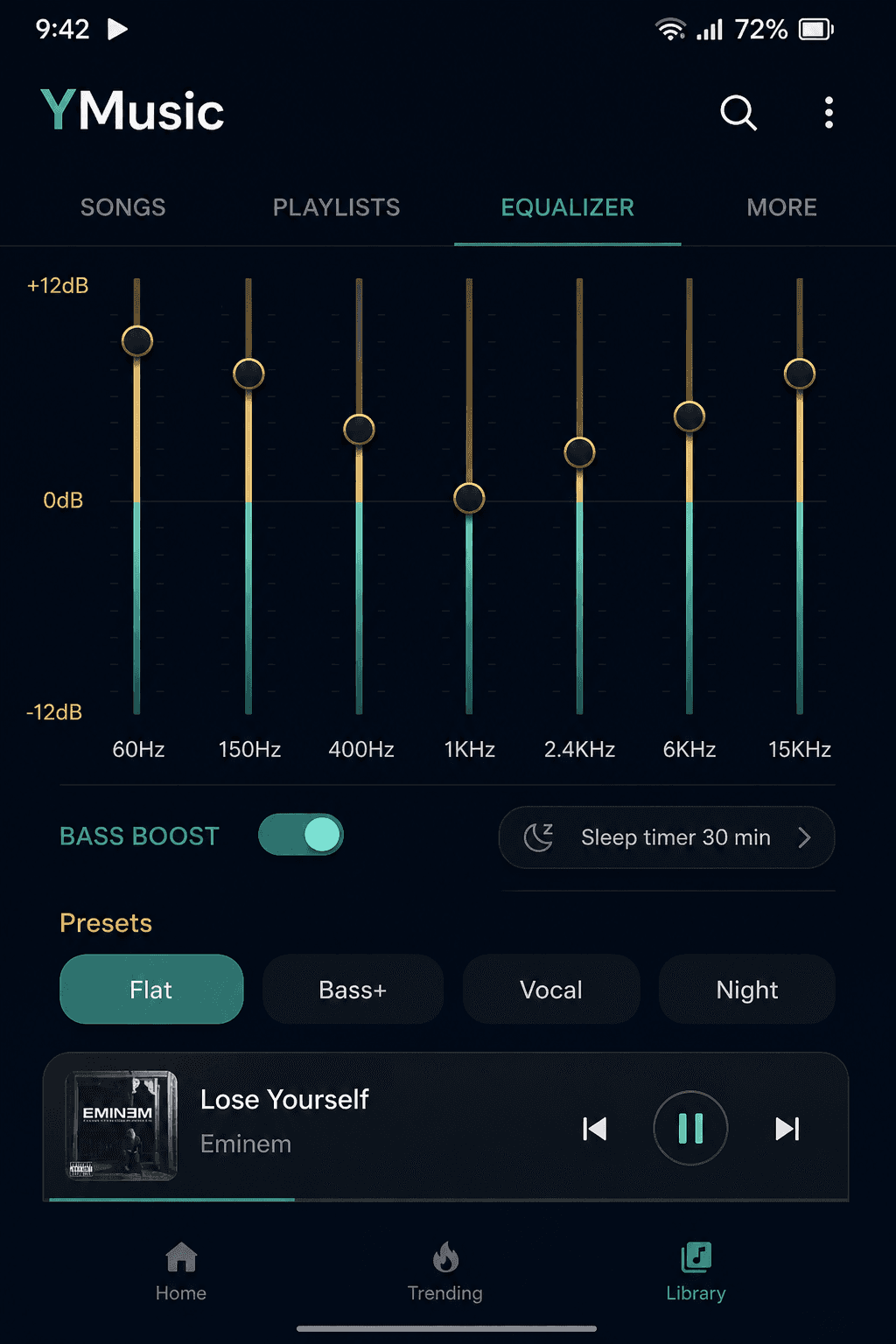 Equalizer, bass boost, sleep timer