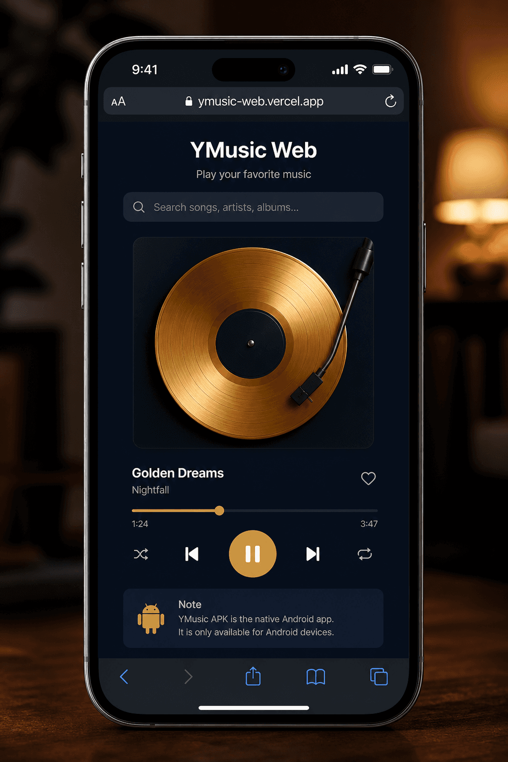 Web music player on an iPhone — YMusic is Android-only